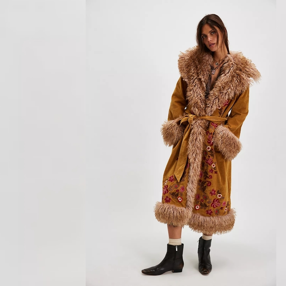 Free People Mustard Faux-Fur Trim Embroidered Trench Coat